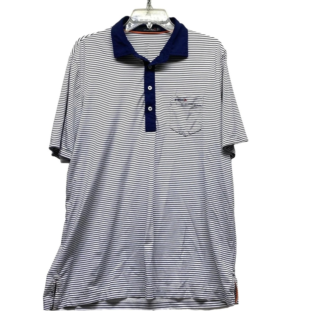 RLX Ralph Lauren Men's Large White Blue Striped Polo Shirt (F4)